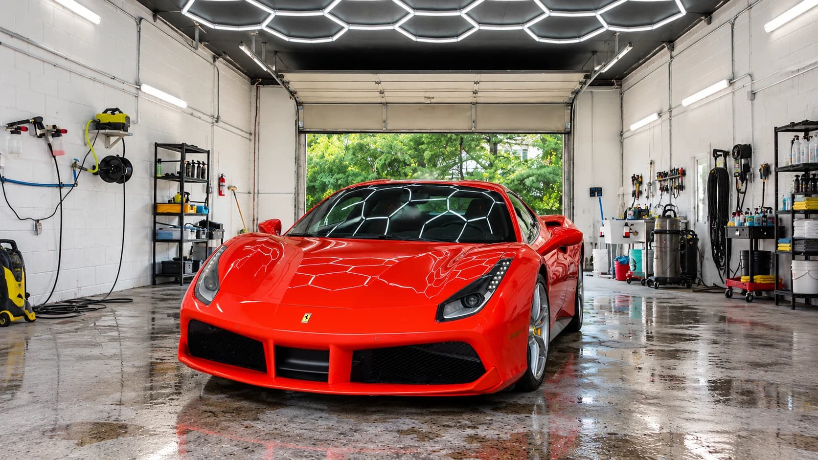 Red Ferrari under the signature Wash Haus hexagon lights, in an AI-extended view of our bay
